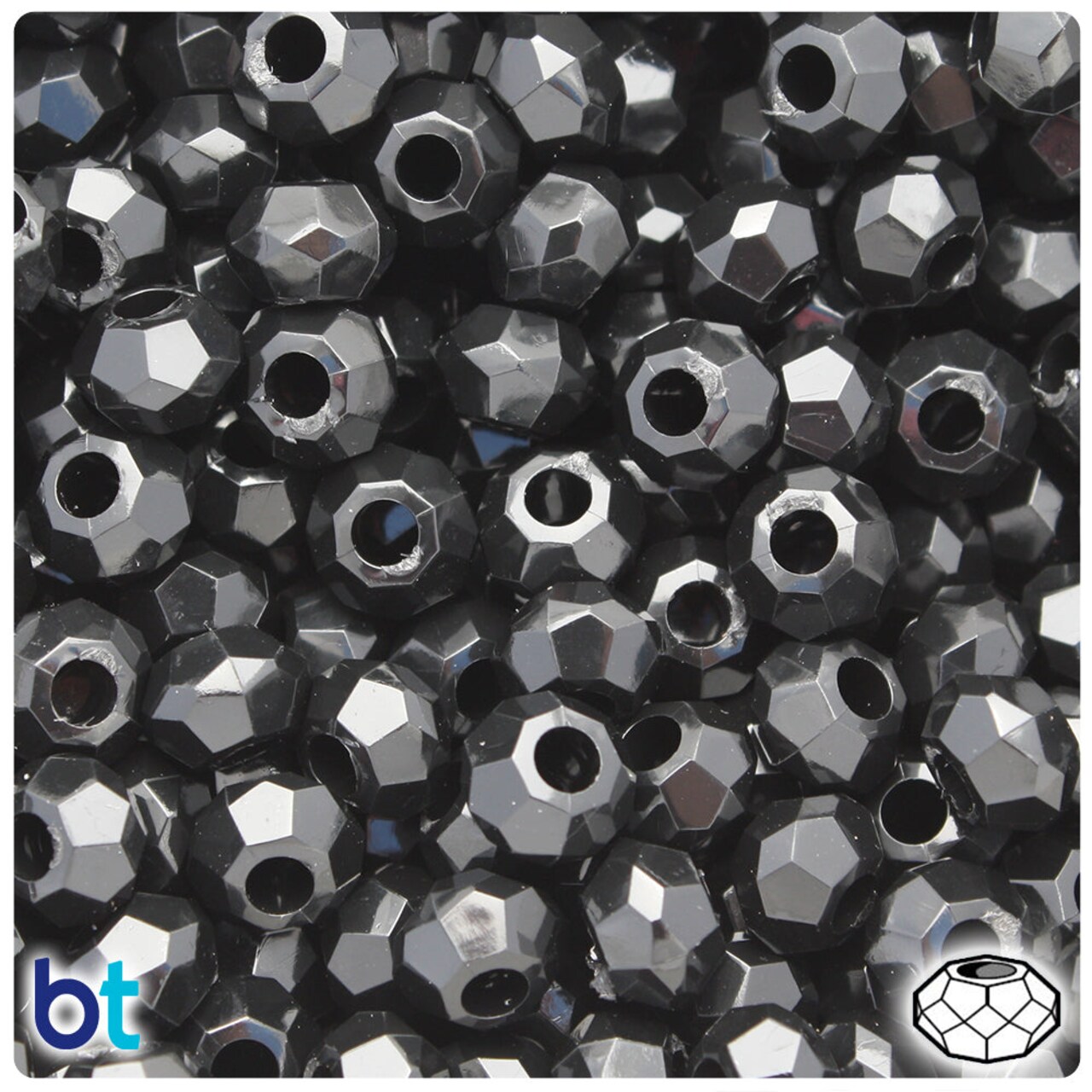 BeadTin Black Opaque 10mm Squatty Bicone Plastic Craft Beads (30pcs)